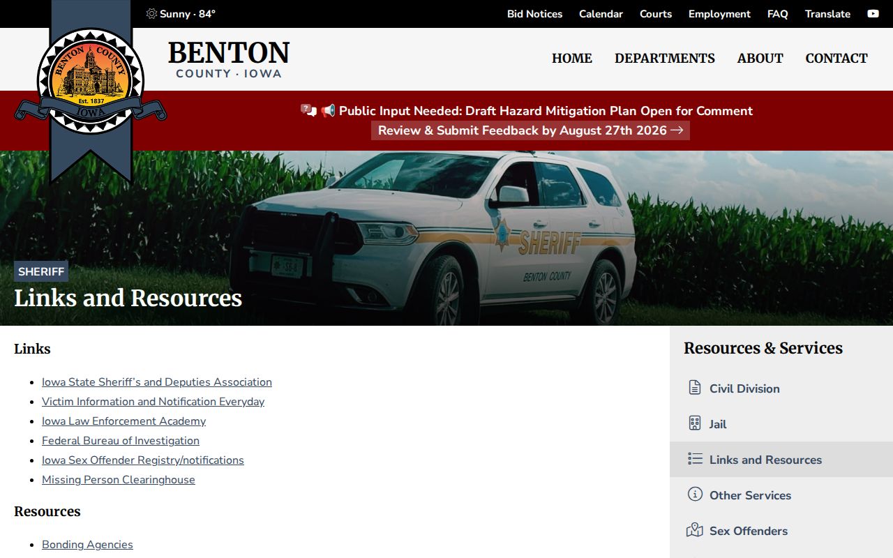 Benton County most wanted Sheriff resources page showing no wanted list