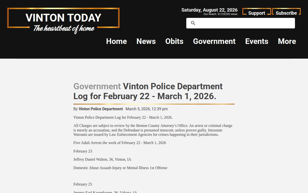 Vinton Police weekly arrest log for Benton County records